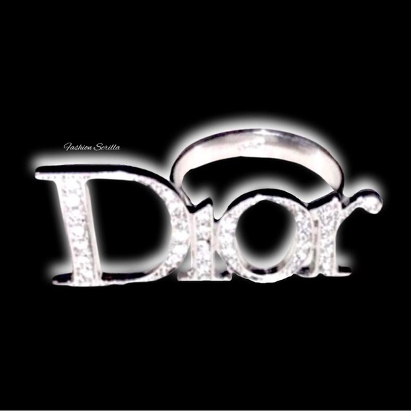 Dior Monogram Silver Logo Diamanté Spelled Out Double Finger Ring - Picture 1 of 16